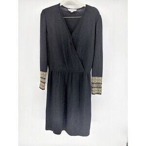 St. John Evening Marie Gray Faux Wrap Dress Sz 4 Black Knit USA Embellished